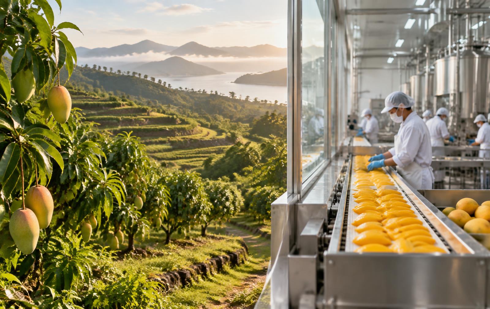 Philippine mango orchard at sunrise beside a bright food processing line